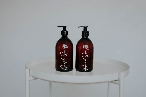 Set of 4 Luxury Amber Pump Bottles with White Vinyl - DYO