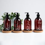 Set of 4 Luxury Amber Pump Bottles With Cork Trays