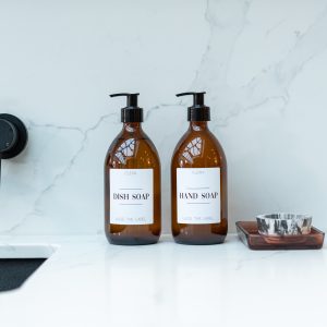 Set of 2 Plastic Amber Pump Bottles Hand Soap and Dish Soap with White Label 500ml