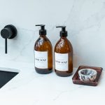 Set of 2 Plastic Amber Pump Bottles Hand Soap and Dish Soap with White Label 500ml