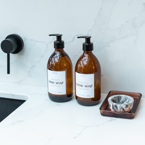 Set of 2 Plastic Amber Pump Bottles Hand Soap and Dish Soap with White Label 500ml