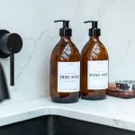 Set of 2 Plastic Amber Pump Bottles Hand Soap and Dish Soap with White Label 500ml