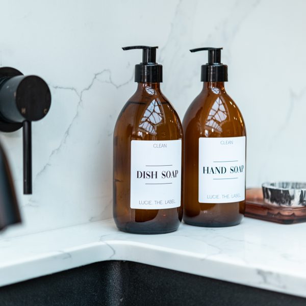 Set of 2 Plastic Amber Pump Bottles Hand Soap and Dish Soap with White Label 500ml