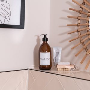 Individual Personalised Amber Plastic Pump Bottle with White Label 500ml