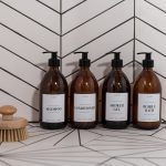 Set of 4 Customisable Luxury Amber Glass Pump Bottles with White Label 500ml