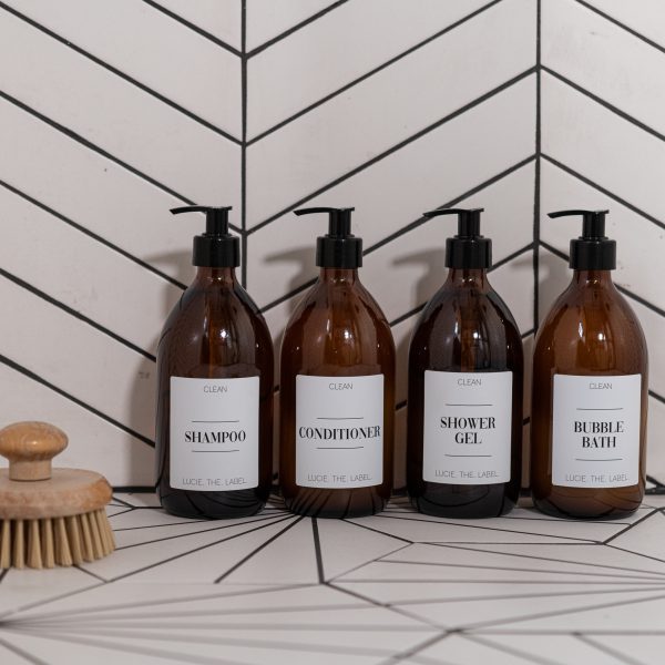 Set of 4 Customisable Luxury Amber Glass Pump Bottles with White Label 500ml