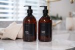 Set of 2 Amber Plastic Pump Bottles Hand Soap Dish Soap with Black Label 500ml