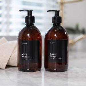 Set of 2 Amber Plastic Pump Bottles Hand Soap Dish Soap with Black Label 500ml